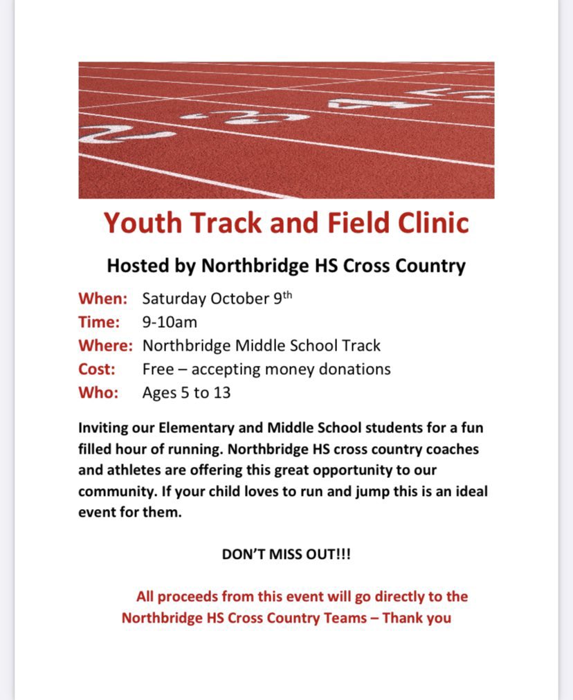Interested in Track and Field?

Good news! <a href="/NorthbridgeMAXC/">NorthbridgeHS Cross Country</a> will be hosting a clinic this Saturday at Lasell Field for ages 5-13. 

Come on down and learn from the Rams!