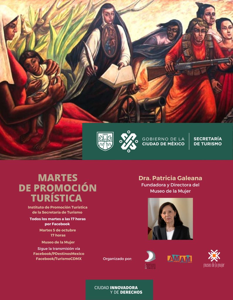 turismocdmx's tweet photo. ¡No te lo pierdas! 
Te esperamos mañana en el #MartesDePromociónTurística. 
Tendremos de invitado al @museodelamujer y conversaremos sobre este recinto.

🗓Martes 5 de octubre 
🕘17:00
🌐 Sigue la transmisión en 👇🏼
Facebook: Turismo CDMX https://t.co/VeomzbDcra