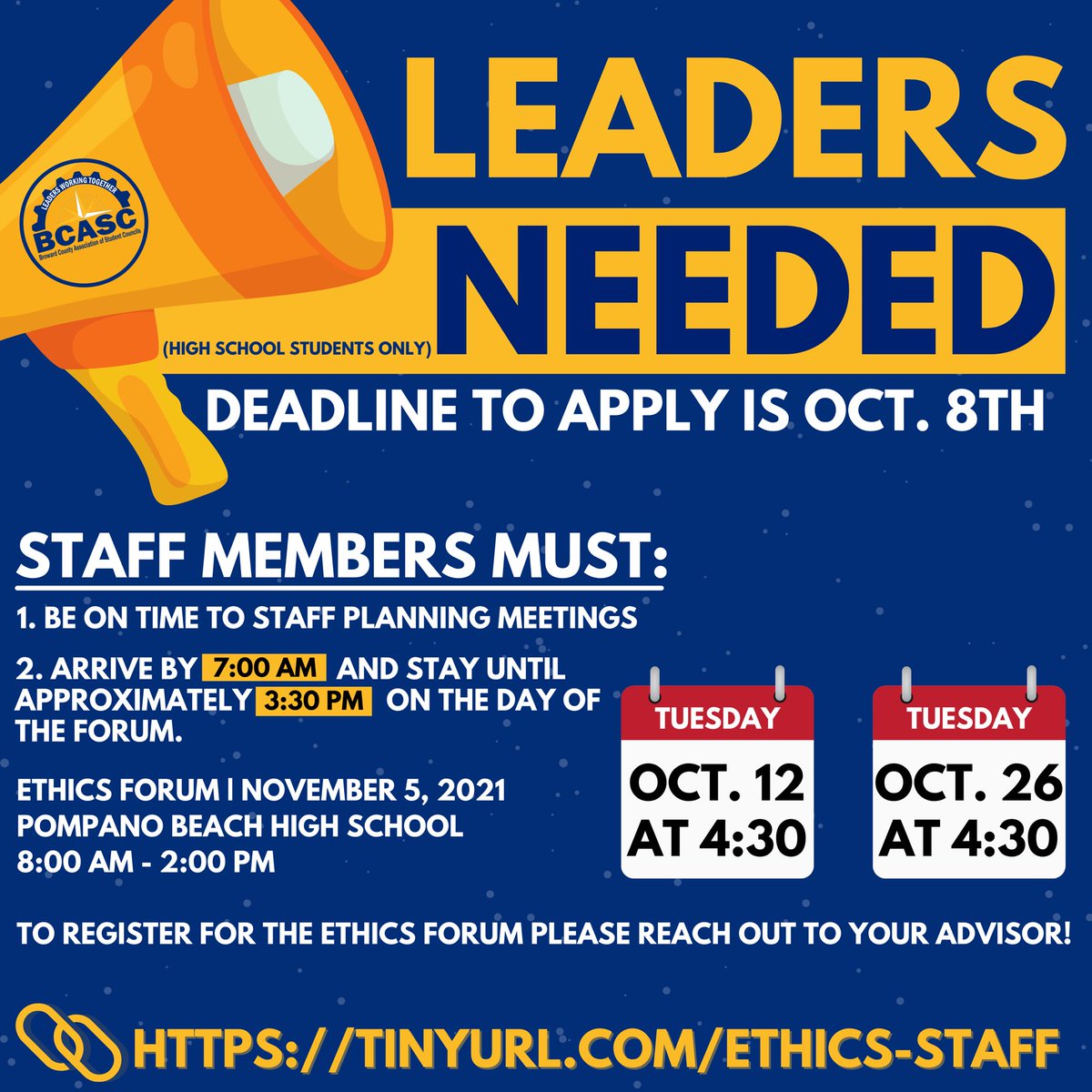 BCASC (@bcasc_florida) on Twitter photo Hello Broward County!! 💙💛
Leaders, apply now to volunteer as staff at the Ethics Forum. This is a great opportunity to meet other students from across the county, while also enjoying the forum itself!
Hope to see you there!! 🤩
<a href="/bcpsactivities/">Student Activities</a> <a href="/browardschools/">Broward Schools</a> Hello Broward County!! 💙💛
Leaders, apply now to volunteer as staff at the Ethics Forum. This is a great opportunity to meet other students from across the county, while also enjoying the forum itself!
Hope to see you there!! 🤩
<a href="/bcpsactivities/">Student Activities</a> <a href="/browardschools/">Broward Schools</a>