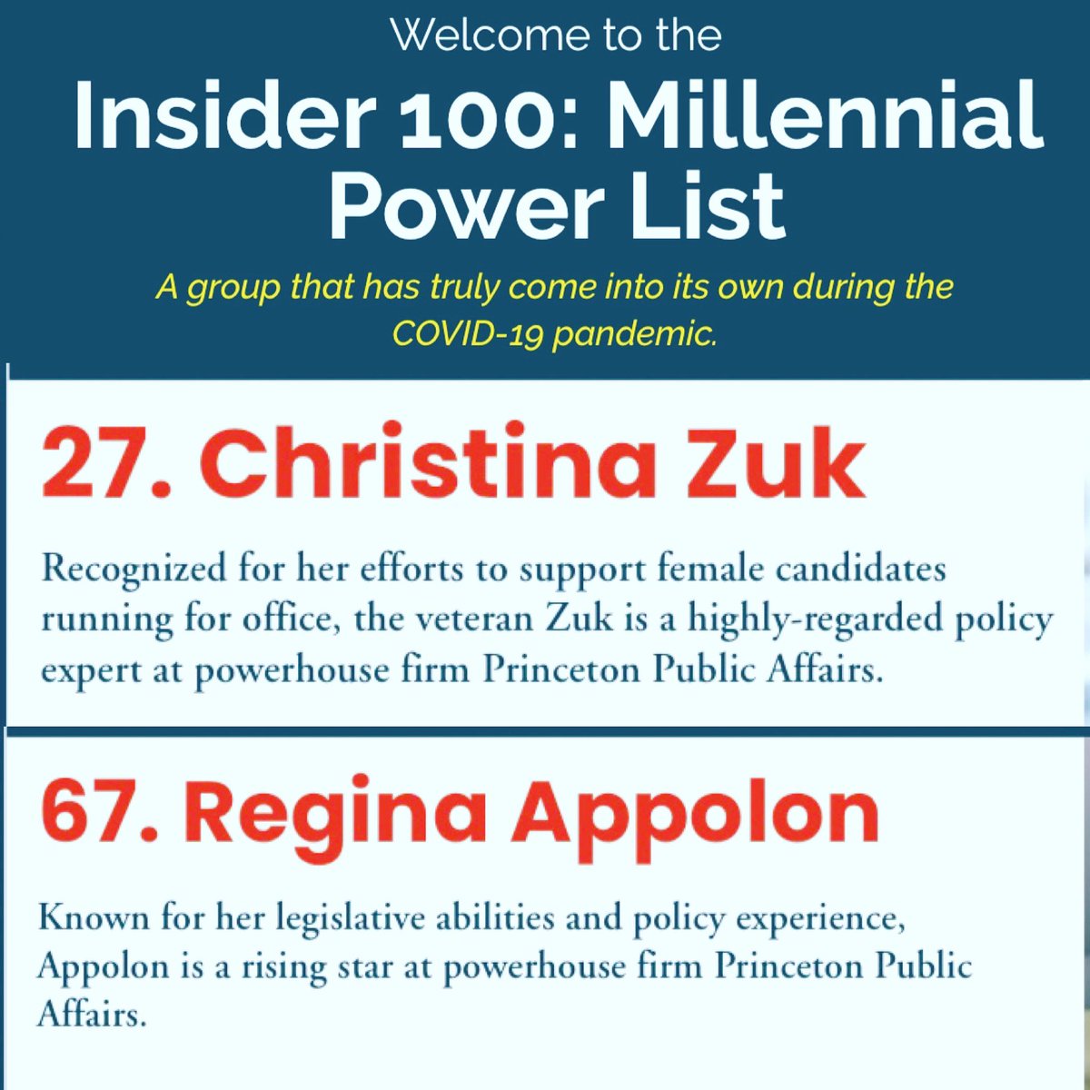 Honored to join my friend &amp; colleague Regina Appolon in representing <a href="/PPAGInc/">PPAG</a> on the <a href="/INSIDER__NJ/">Insider NJ</a> 100: Millennial Power List. Thanks to Max Pizarro &amp; Pete Oneglia for recognizing us and so many friends 💫

insidernj.com/wp-content/upl…