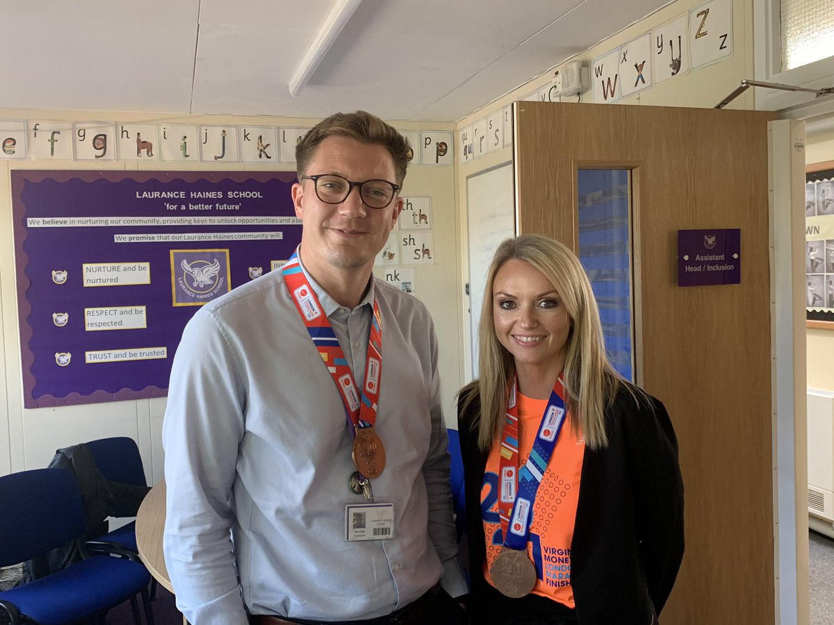 PSTLHS's tweet photo. Not everyday you come to school wearing a #LondonMarathon medal! Or wear sandals and sliders! @LHS_Watford are very proud of you @HeadLHS and @mrsballlhs for you achievement raising much needed funds for @WatfordSa. You can still donate https://t.co/JvXxnDLNvC https://t.co/oZEv1e35lc