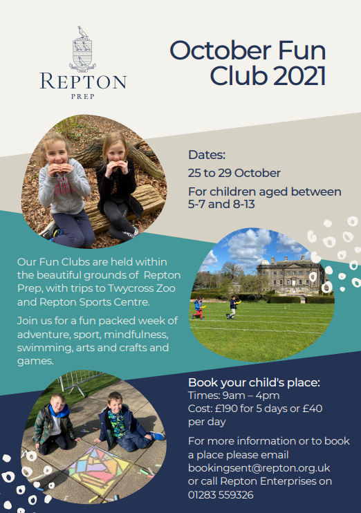 ReptonEnt's tweet photo. Join us for a fun packed week of adventure, sport, mindfulness, swimming, arts and crafts and games. 
Dates: 25 to 29 October Cost: £190 for 5 days or £40 per day.
Booking Form: https://t.co/1K5kA48udb
#octoberfun #halfterm #funclub #reptonprep #adventure #funcamp https://t.co/boMl7kykCt