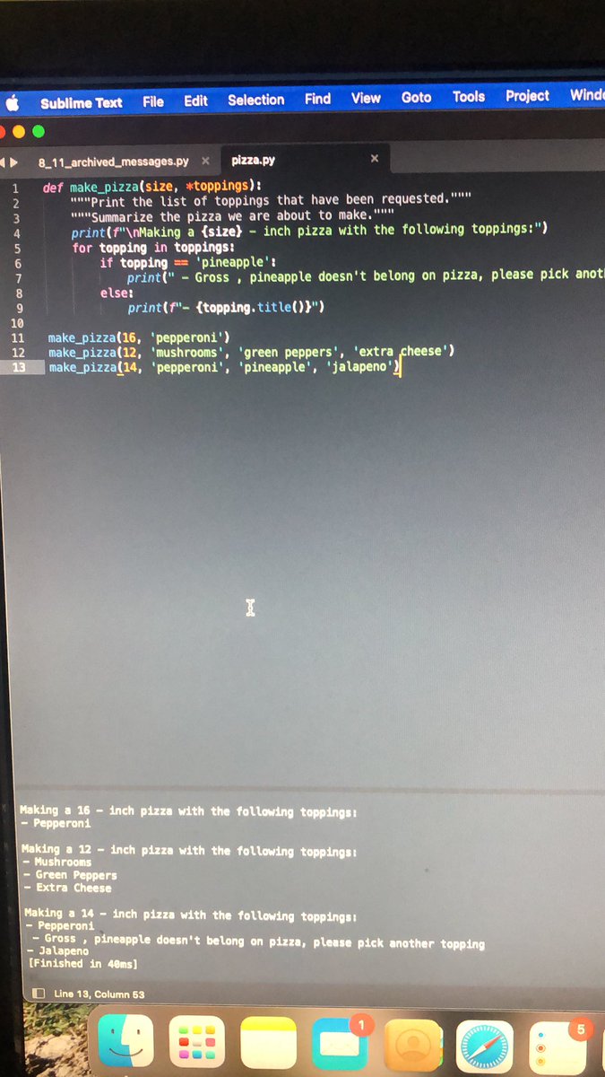 ShaunYanick's tweet image. Back at it, adding my own thoughts on the subject to these exercises in #pythoncrashcourse #Python #fuckpineapple #pizza