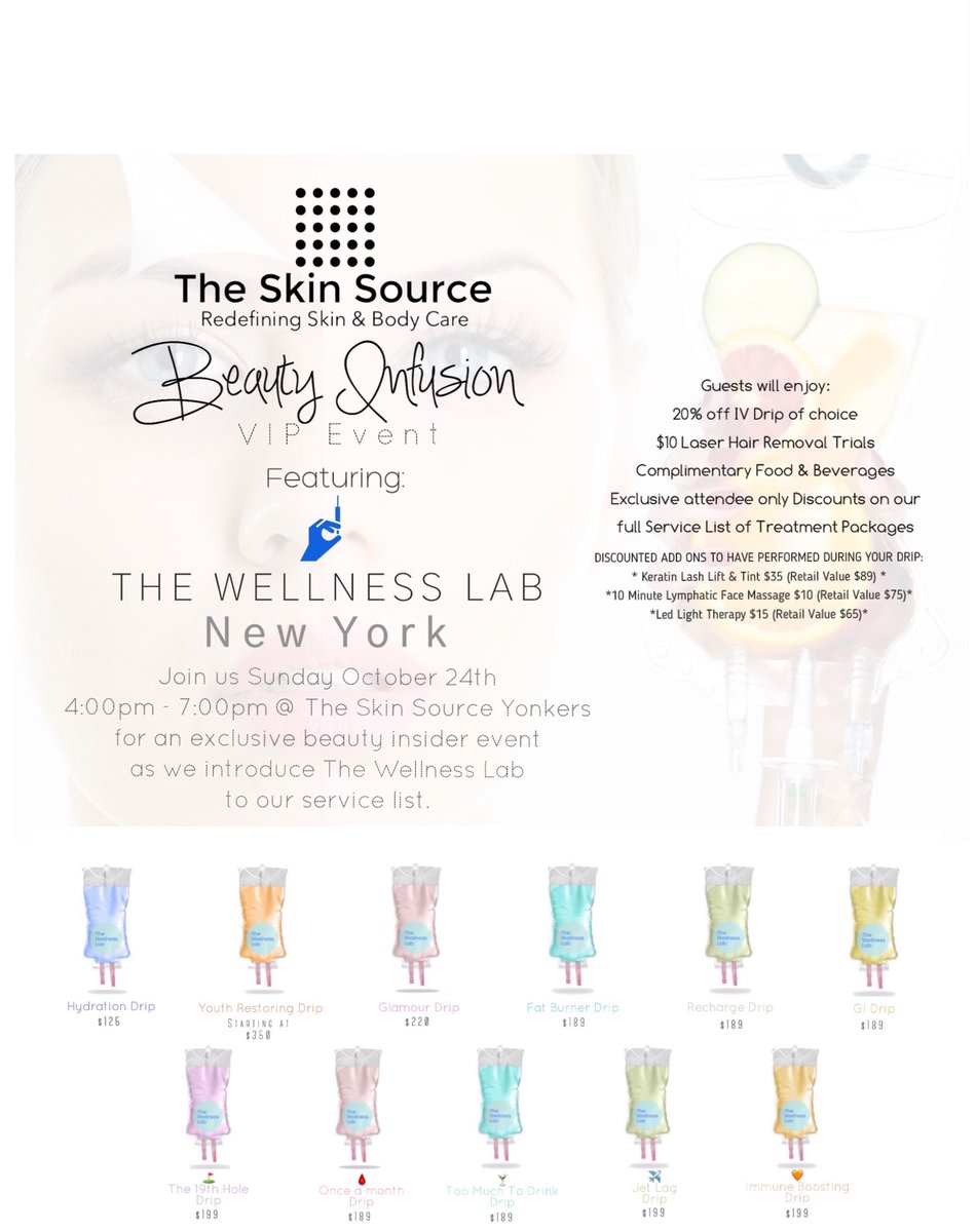 TheSkinSource's tweet image. RSVP &amp;amp; ADVANCED DRIP BOOKING IS REQUIRED!
SPOTS &amp;amp; CAPACITY IS LIMITED - DM @theskinsource for full drip menu details and to RSVP/Register 
Or text (914)979-1721