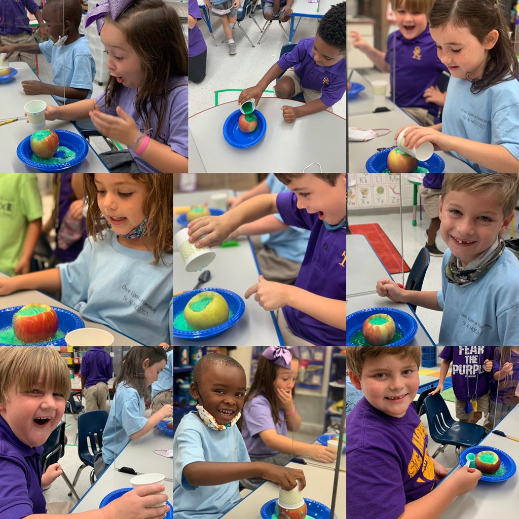 VburgCatholic's tweet photo. 🍎APPLE-CANO🍎
Our #Kindergarten students are #learning all about #apples. They made an erupting #applevolcano in a #science experiment. They used baking soda and vinegar to perform a classic #chemicalreaction. https://t.co/HBC5Ah9n3Z