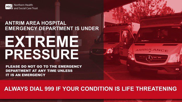 NHSCTrust's tweet photo. Antrim Area Hospital ED, including paediatrics, is extremely busy this evening with 128 people in the department and 46 ill patients waiting to be admitted. Please do not attend unless it is an emergency otherwise you will face a significant wait to be seen. Thank you. https://t.co/tR9KKbioOe