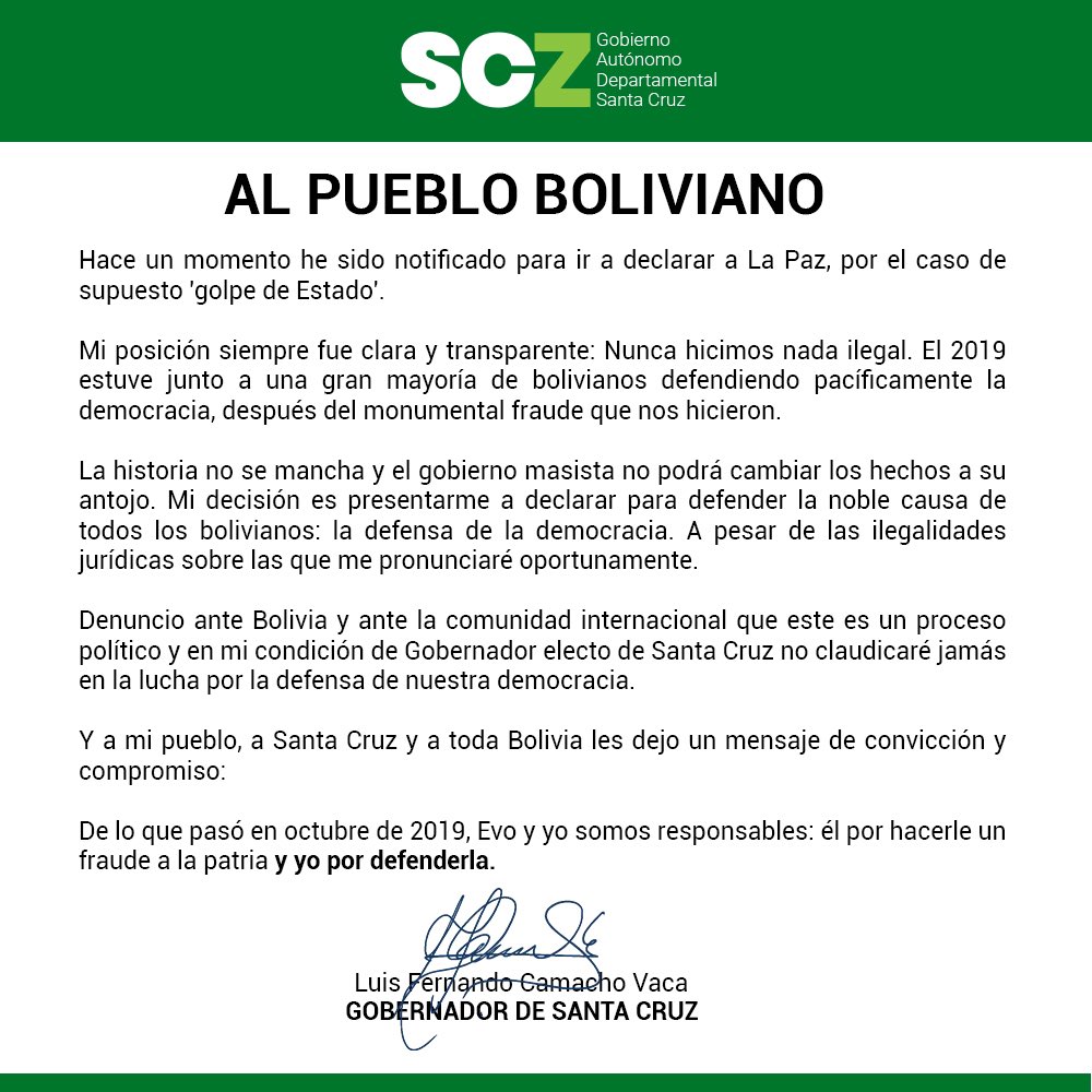 #MantenDistancia #QuédateEnCasa
Mediante un comunicado, el gobernador de #SantaCruz, Luis Fernando Camacho, aseguró que asistirá a declarar en La Paz.