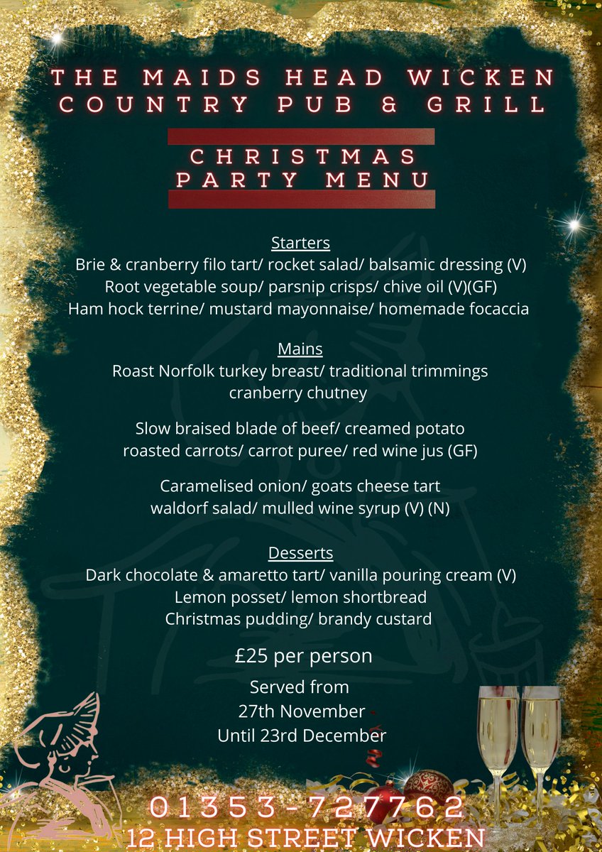 MaidsWicken's tweet photo. **Just Released**🎄#Christmas #Menus
#christmasparty #christmasday &amp; #BoxingDay
Party enquiries &amp; reservations call The Maids Head Team on 01353 727762.🎅
all of our menus can also be viewed here: https://t.co/ObS24BHSQn
#coutrypub at #wicken nr #Ely #Cambridgeshire #timetoparty https://t.co/JpTCcCskYU