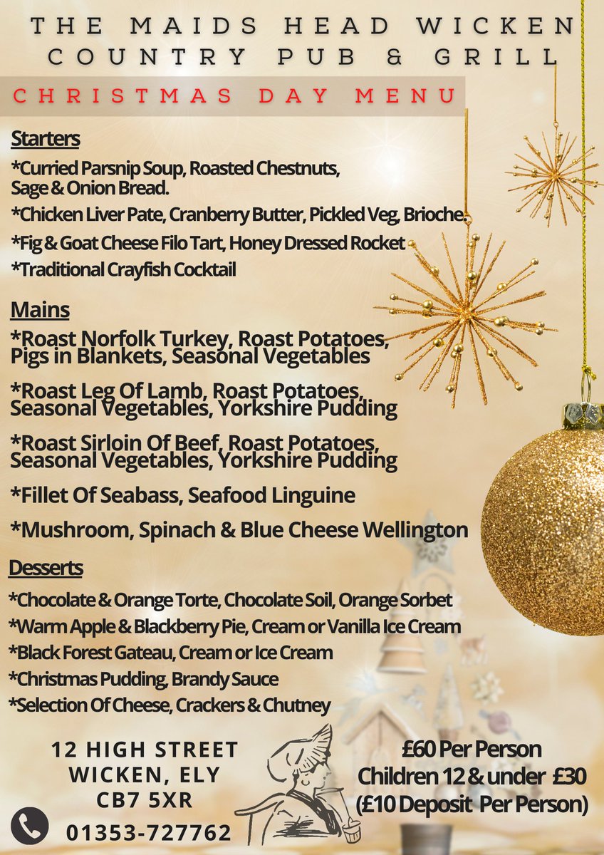 **Just Released**🎄#Christmas #Menus
#christmasparty #christmasday &amp; #BoxingDay
Party enquiries &amp; reservations call The Maids Head Team on 01353 727762.🎅
all of our menus can also be viewed here: themaidsheadwicken.com/foodanddrink
#coutrypub at #wicken nr #Ely #Cambridgeshire #timetoparty