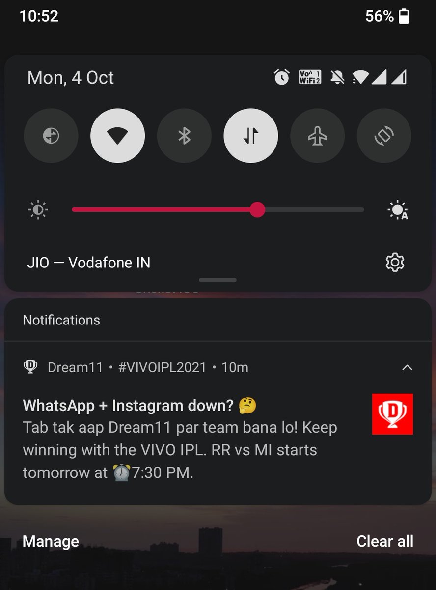 With @WhatsApp and @instagram down, @Dream11's push notification game reminds us of an important task! 😂 #momentmarketing #Dream11 #WhatsAppDown