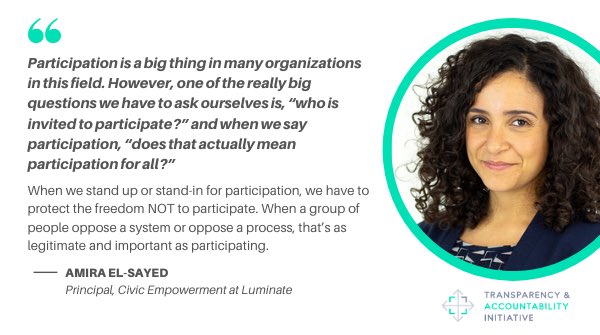 When we talk about #equalrepresentation, “who’s invited to participate, and does that mean participation for all?” @mikaelsayed on equitable participation &amp; sustainable political reform in social movements on our #TPAFullDisclosure series.
transparency-initiative.org/tpa-full-discl…

@luminategroup