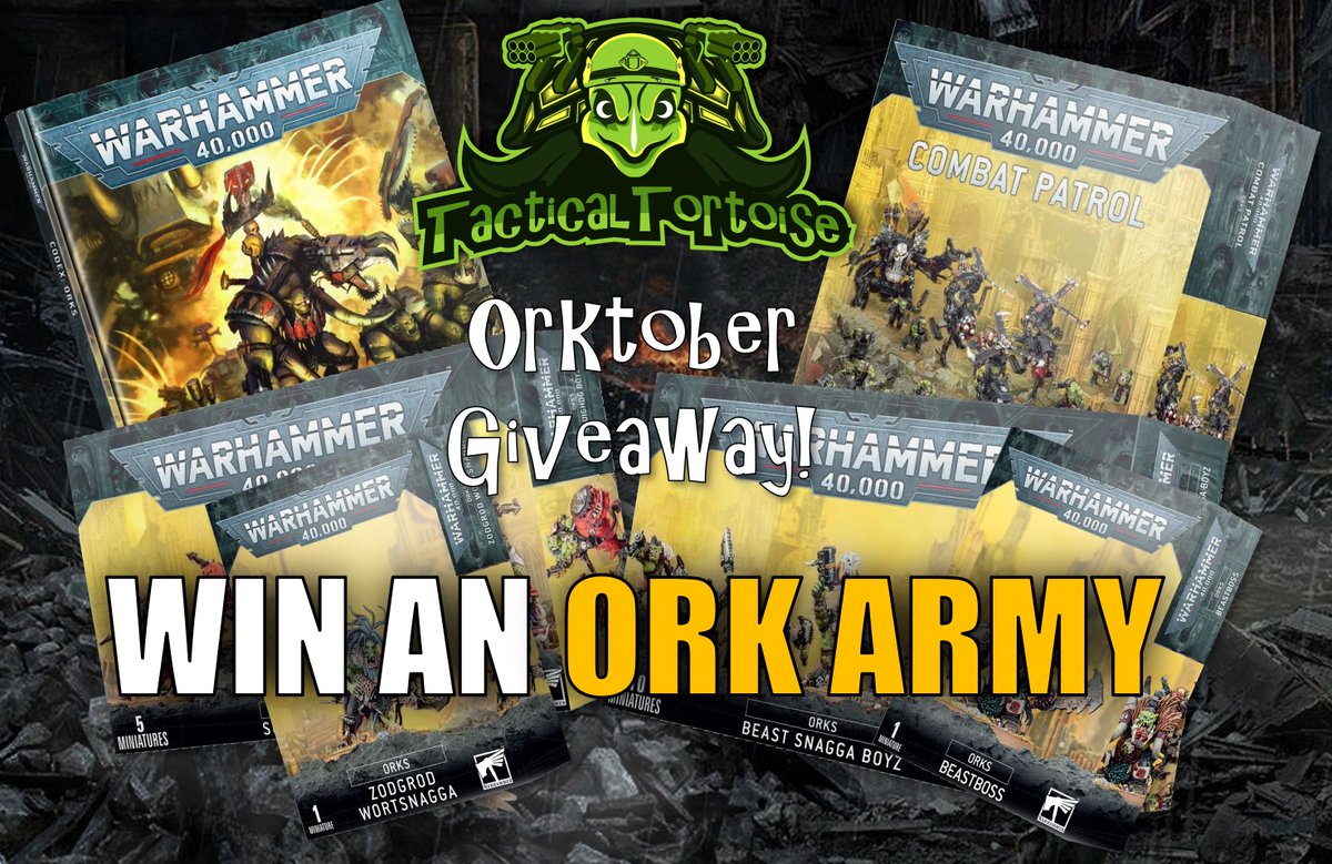 trevythegreat's tweet image. Happy #Orktober!
For this month's #tacticaltortoise #Warhammer40k giveaway... you can win a whole #Ork army!
Learn more at the video here: youtu.be/S-3CHzkDzcc
Enter here: gleam.io/hdq7m/tactical…

Huge thanks to our friends over at Tableflip Gaming: ebay.com/str/tableflipg…