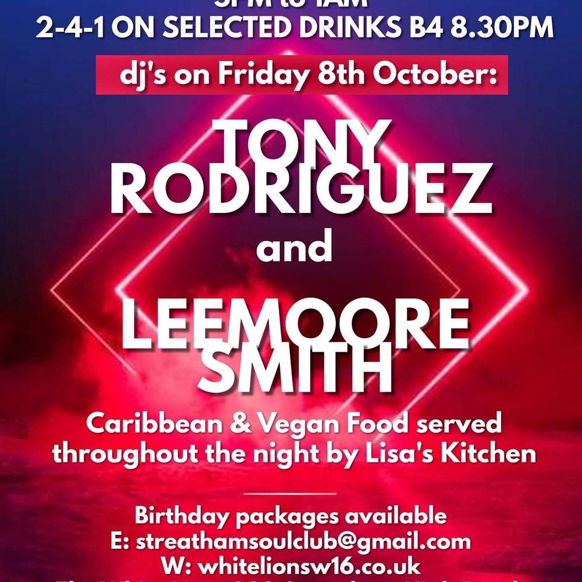 Friday night! The after work jam. This week with DJ’s TONY RODRIGUEZ &amp; LEEMOORE SMITH