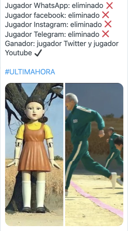 SintesisMexico's tweet photo. #ElMeme 😁 | A la usanza de #ElJuegoDelCalamar, tuiteros dan por ganadores a #Youtube, #TikTok (mientras aguante) y a la red de los 280 caracteres 🤷🏻‍♂️ https://t.co/H1e1Vl9dYy