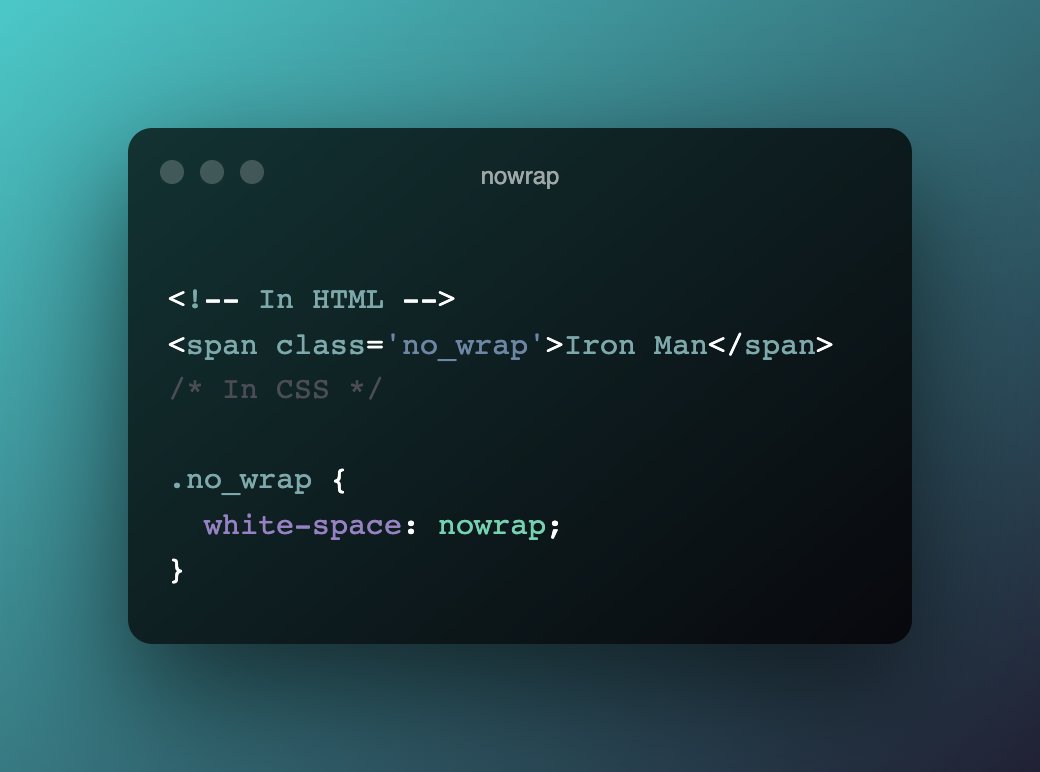 Scriptified (@scriptified_dev) on Twitter photo 🔥 Tip of the Week
Wrap important text a <span> with white-space: nowrap; to avoid awkward line breaks in responsive design.
✉️ Subscribe to scriptified.dev to receive such hot tips & more.
Read more at - scriptified.dev/issues/13?sect… 🔥 Tip of the Week
Wrap important text a <span> with white-space: nowrap; to avoid awkward line breaks in responsive design.
✉️ Subscribe to scriptified.dev to receive such hot tips & more.
Read more at - scriptified.dev/issues/13?sect…