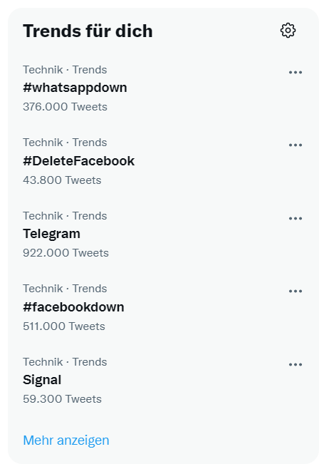 Alle Trends bei Twitter gehen über Facebook, WhatsApp und dazugehöriges. Etwas scheint hier wohl nicht zu funktionieren 😐

#facebookdown #whatsappdown #instagramdown