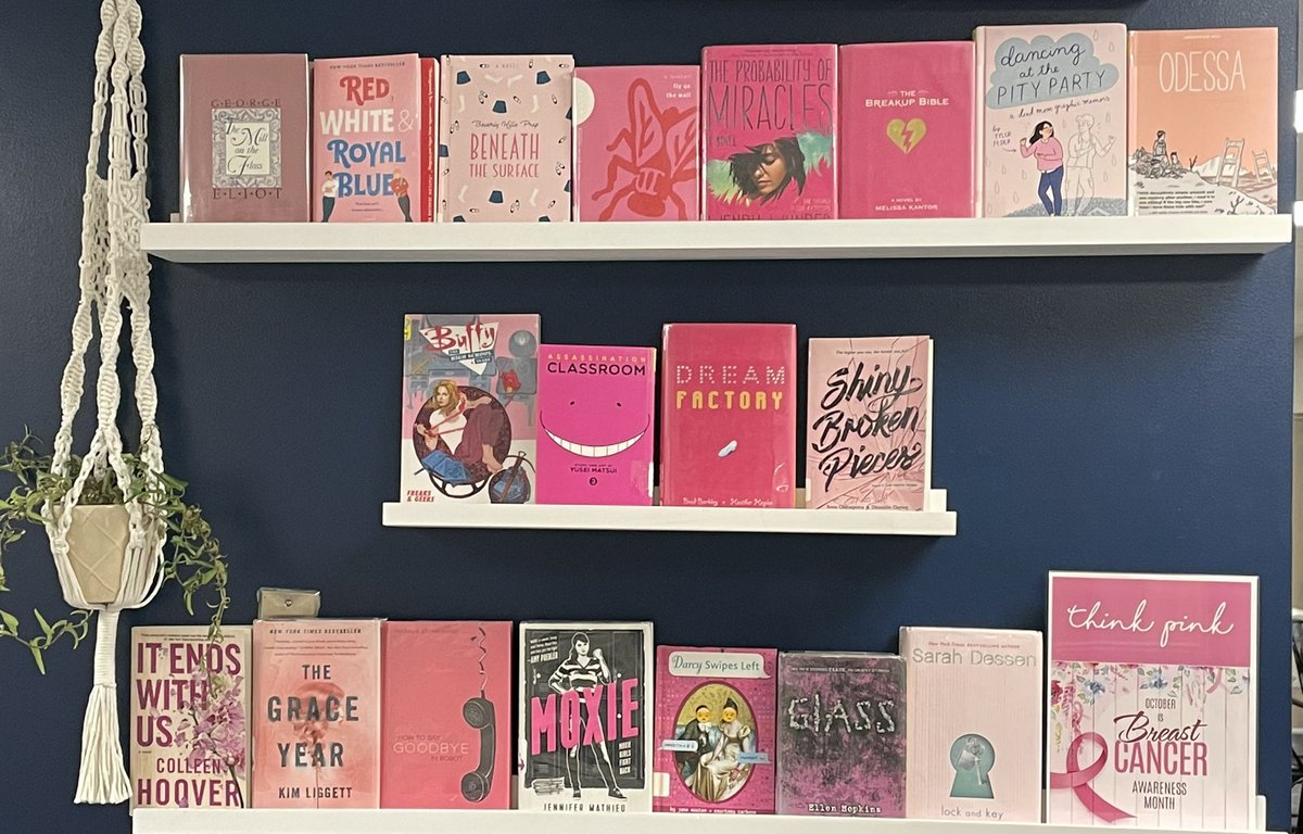 s_kempker's tweet photo. October is Breast Cancer Awareness Month, and this week the @heliascatholic library is featuring books with pink covers! Check it out!💕 #SaderReaders https://t.co/Eo91lbvcMg