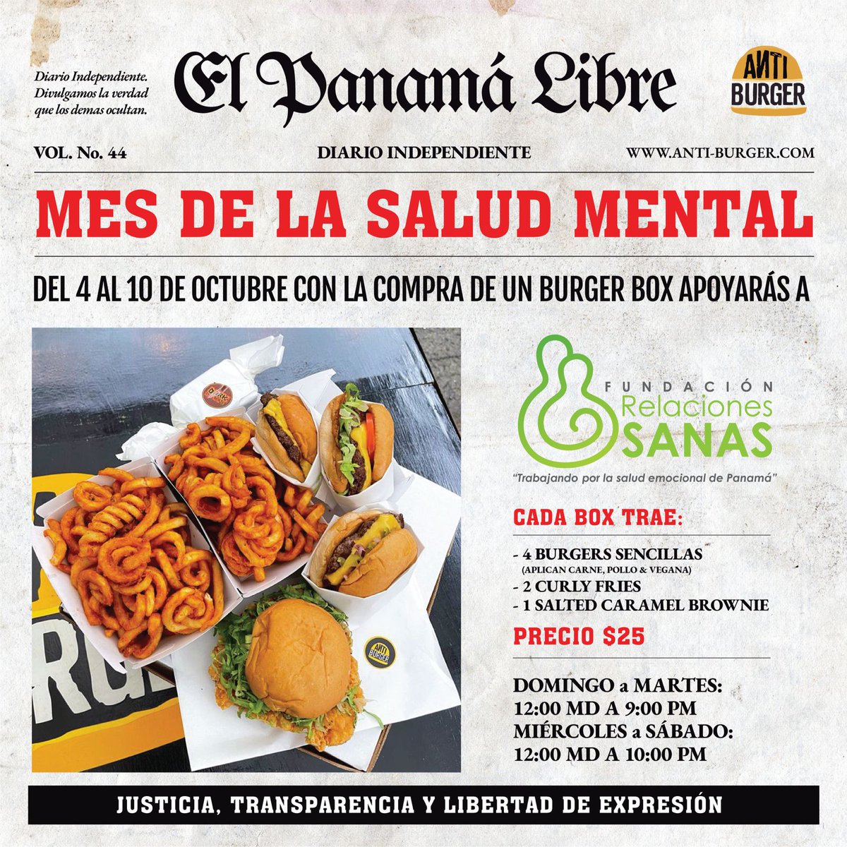 Esta semana (4 al 10 de octubre) Anti.burger apoya el Día Mundial de la Salud Mental junto a Fundación Relaciones Sanas 

Pide tu box y apoya nuestra misión de promover salud mental en nuestro país 

#saludmental #relacionessanas #panama