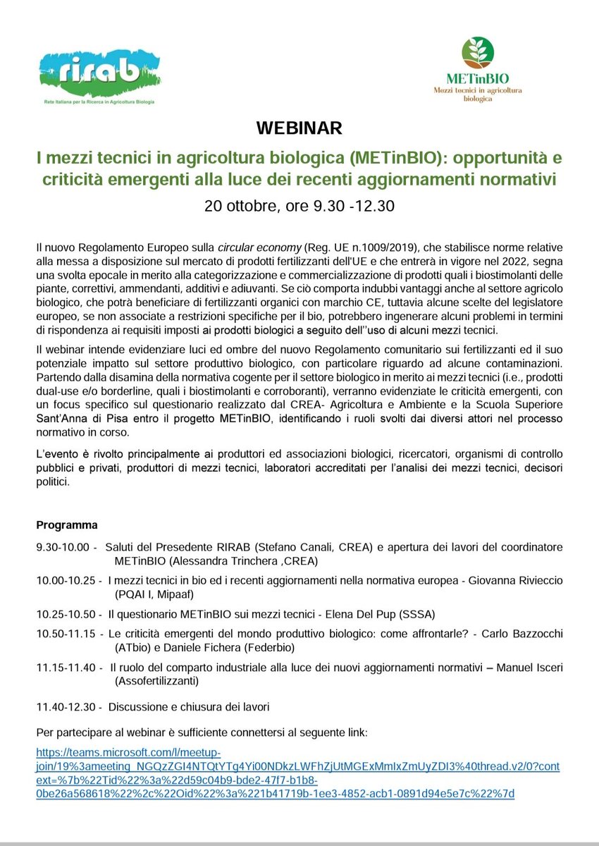 rirab_ricerca's tweet photo. Webinar RIRAB e METinBIO sulle criticità dei mezzi tecnici in #biologico il 20 ottobre @rirab_ricerca @CREA_Ricerca @Mipaaf @FederBio @SantAnnaPisa @federchimica
#Assofertilizzanti https://t.co/nKw47FPxZG