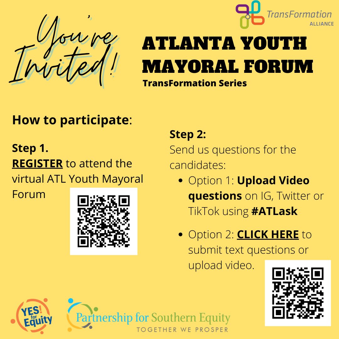 YES_forum's tweet photo. We are so excited to announce the Atlanta Youth Mayoral Forum on October 25, 2021! Register today and submit videos and questions for ATL's top mayoral candidates, using #ATLask . Click here to register: https://t.co/PgZJaaviqX #YES4Change #YES4Equity #ATL https://t.co/oDfKTYvk6O