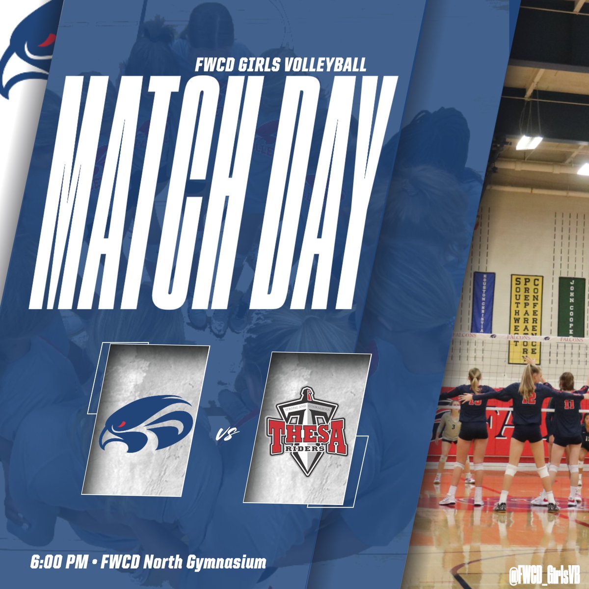 Falcons host the THESA Riders in the North Gymnasium at 6:00 PM. Head into the gym to cheer on our Falcons! #FWCDTogether #FWCD #FlyHigher #FWCDAthletics
