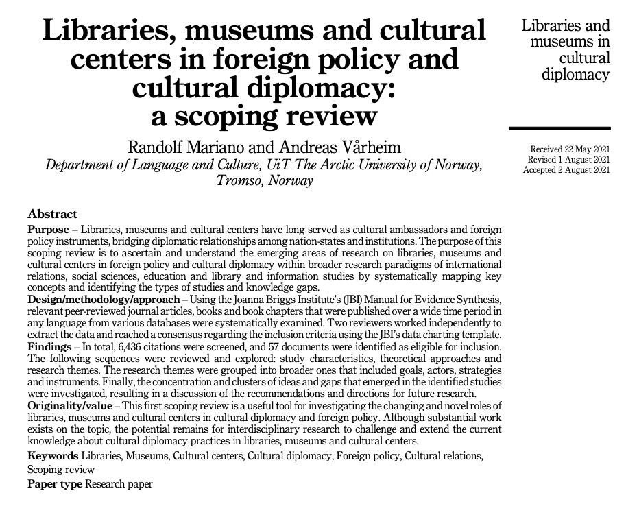 RandolfMariano's tweet photo. Libraries, museums and cultural centers in foreign policy and cultural diplomacy: a scoping review
#LibraryDiplomacy #JDoc https://t.co/jz80mu2CrV https://t.co/fSQJDPqxNF