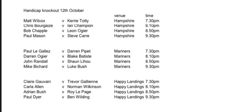GsyBarBilliards's tweet photo. The handicap draw has been made and here are the fixtures for the 12th October. https://t.co/PTo0B6tKxL