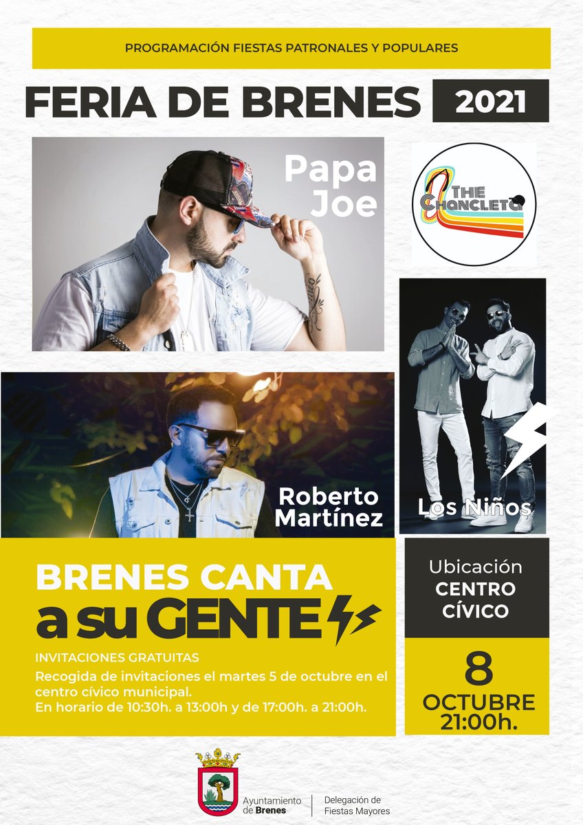 #FERIABRENES2021 | “BRENES CANTA A SU GENTE”

Los artistas y grupos locales serán protagonistas en esta programación de la Feria de Brenes 2021 organizada desde la #DelegacióndeFiestasMayores.
📅8 de octubre, a las 21:00h, en el Centro Cívico Municipal 📍 Invitaciones gratuitas