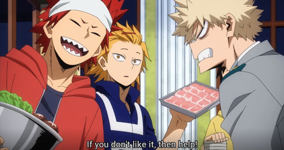 I like the way Kirishima:
"Bakugou! 😊☺😀"
and 
"Bakugou! 😠🙂😑" 