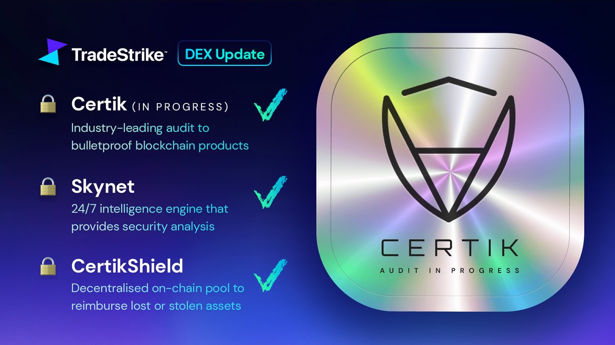 TradeStrikeBVI's tweet photo. Taking security to the next level with @certik_io 

As well as choosing Certik to audit our DEX, we are pleased to announce we will be using their Skynet and CertikShield services🔒 https://t.co/NC0Xf5ahfj