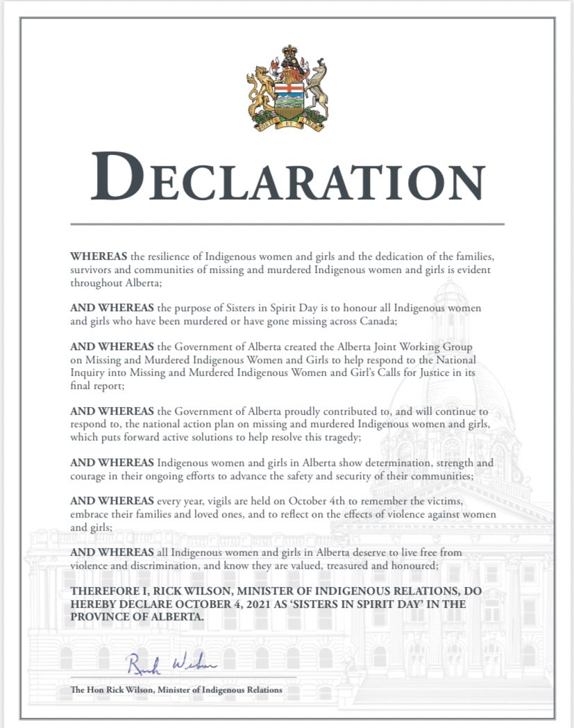 Alberta's government has officially declared today 'Sisters in Spirit Day'. We must honour the Indigenous women and girls who have been murdered or gone missing across Alberta and Canada, support their families and continue to work towards ending this violence. #MMIWG #ableg
