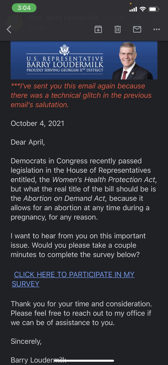 AgentDoubleOZer's tweet photo. @RepLoudermilk Funny you post about “unnecessary government restrictions” the same day you sent me this email.

So you’re cherry picking what is overreach and what isn’t? I also particularly enjoy the heavy bias of the questions on the linked survey. https://t.co/25QLSpHDTb