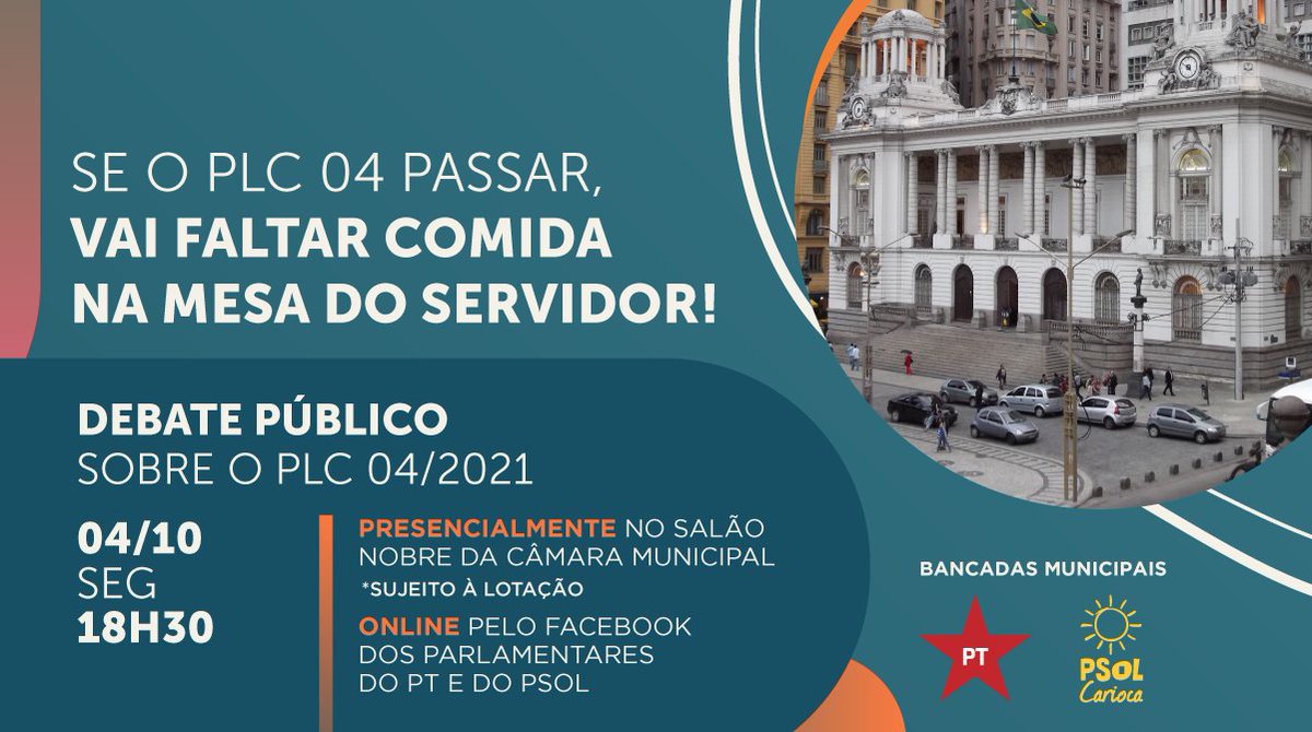 MottaTarcisio's tweet photo. O Zap caiu, mas nosso evento segue de pé!

Daqui a pouco, às 18:30h , tem debate público com presença das bancadas do PSOL Carioca e do PT na Câmara Municipal.  Convidamos os servidores municipais para debater e tirar as principais dúvidas sobre esse problemático projeto. https://t.co/uKxoqyi1EF