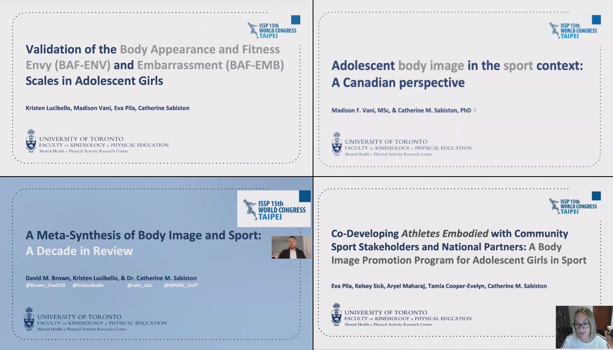 This weekend, the Health Behaviour and Emotion Lab delivered a ‘Body Image and Sport’ Partnership Symposium.

Thanks <a href="/ISSPonline/">ISSP</a> for a great time at ISSP 15th World Congress Taipei 2021!

<a href="/sabi_catz/">Catherine Sabiston</a> <a href="/madisonfv/">Madison Vani, PhD</a> @Brown_David19 <a href="/krislucibello/">Kristen Lucibello, PhD</a> <a href="/epila3/">Eva Pila, PhD</a>