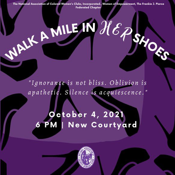 NacwcT's tweet photo. Let’s end the silence 😶and create a path 👠to women being able to live freely and unapologetically. ✨ Meet WOE at 6pm at the New Courtyard to particpate in an interactive walk to bring awareness. We encourage both men and women to participate as we walk in unity. https://t.co/npHpzFyQRO