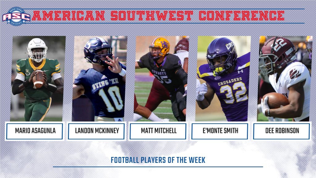 ASC_sports's tweet photo. FB | @belhavenblazers Mario Asagunla, @hpusports Landon McKinney, @HSUAthletics Matt Mitchell, @CruSports E'Monte Smith and @mcmsports Dee Robinson named ASC Football Players of the Week https://t.co/qB7IOojYUr #ASCfb #d3fb https://t.co/G7hdu7Kqqk