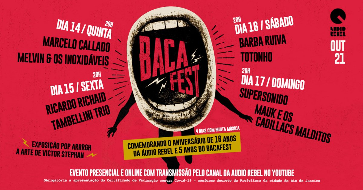 Oie!
Passando para convidar você para o BacaFest que acontece agora em outubro entre os dias 14 e 17.  Serão 4 dias de comemoração pelos 16 anos da Audio Rebel e 5 do festival. Podem ficar tranquilos porque funcionaremos com metade da lotação. Ô Sorte!
sympla.com.br/bacafest-comem…