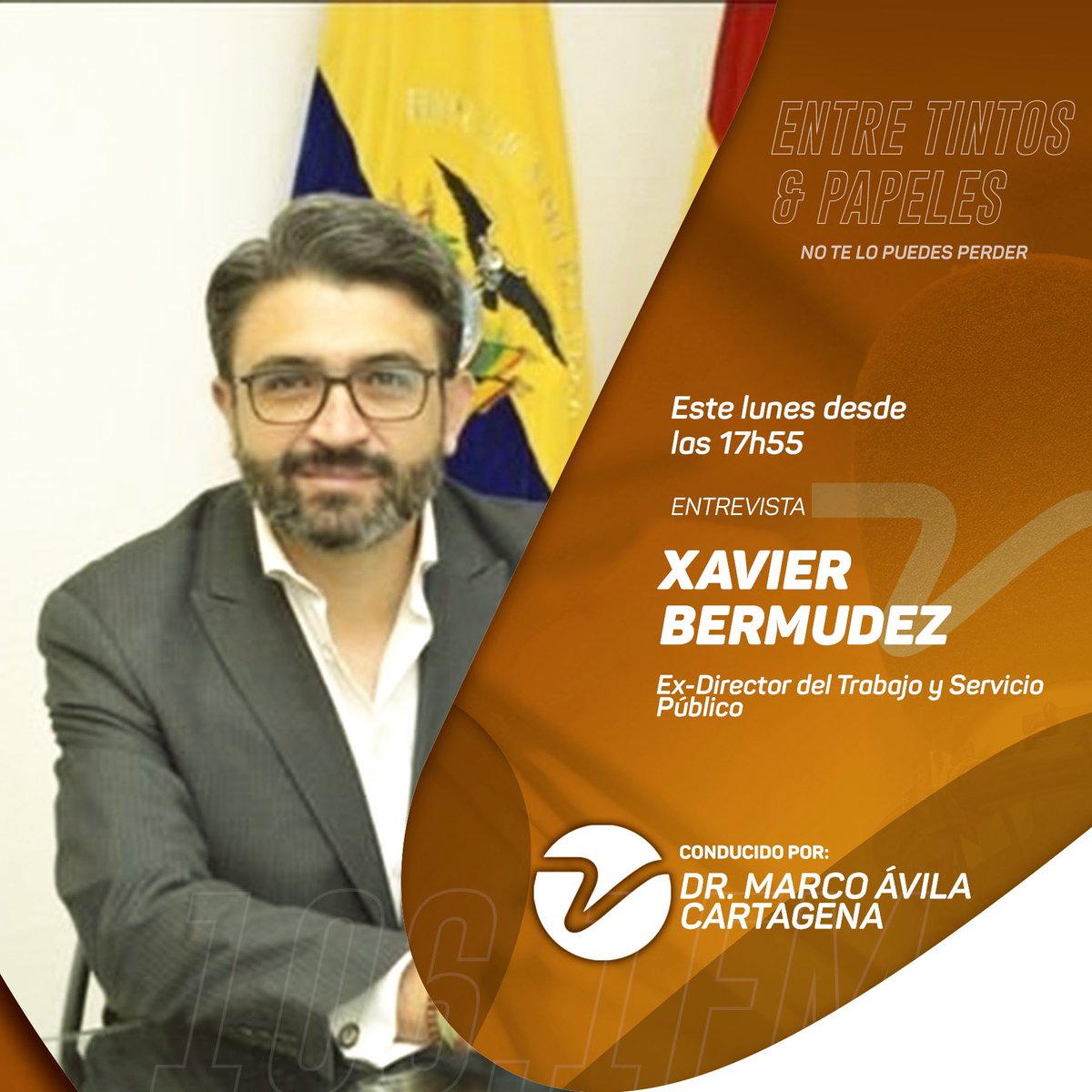 Entrevista 🎙️ | Entre Tintos &amp; Papeles. ☕ 🗞️

Esta tarde, el Dr. Marco Avila Cartagena entrevistará al Xavier Bermúdez, exDirector del Trabajo y Servicio Público.

Lunes 04/10 a las 17:55h por 106.1FM 📻 en #Azuay y #Cañar, radiovisioncuenca.com <a href="/XavierBermudezL/">Xavier Bermúdez</a>