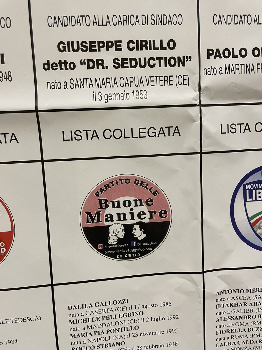 a_monteleone's tweet photo. Come per ogni tornata amministrativa rimarranno nei nostri cuori le stranezze come questa lista delle «Buone maniere» col 90% dei candidati nati in provincia di Caserta 😅

#Roma 
#DrSeduction
#Cirillo https://t.co/73y7rJWrKD