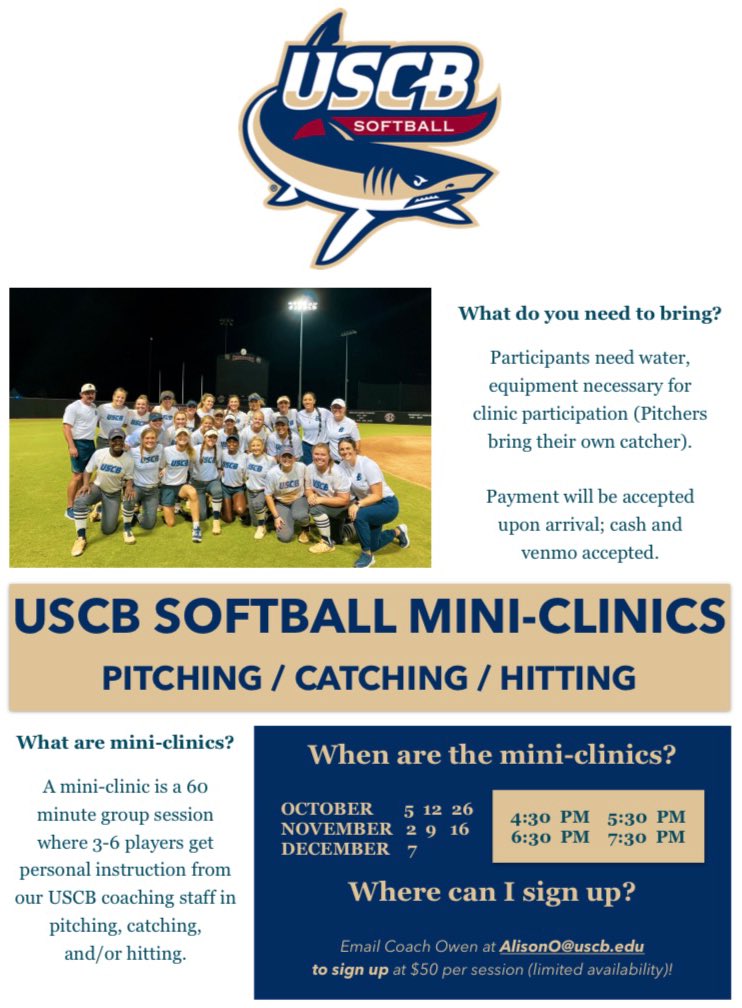USCBSoftball's tweet photo. FALL MINI-CLINIC DATES 🍂 

Email Coach Owen for more information : AlisonO@uscb.edu

#TheHunt | #FinsUpForever https://t.co/wjjRJVC0L7