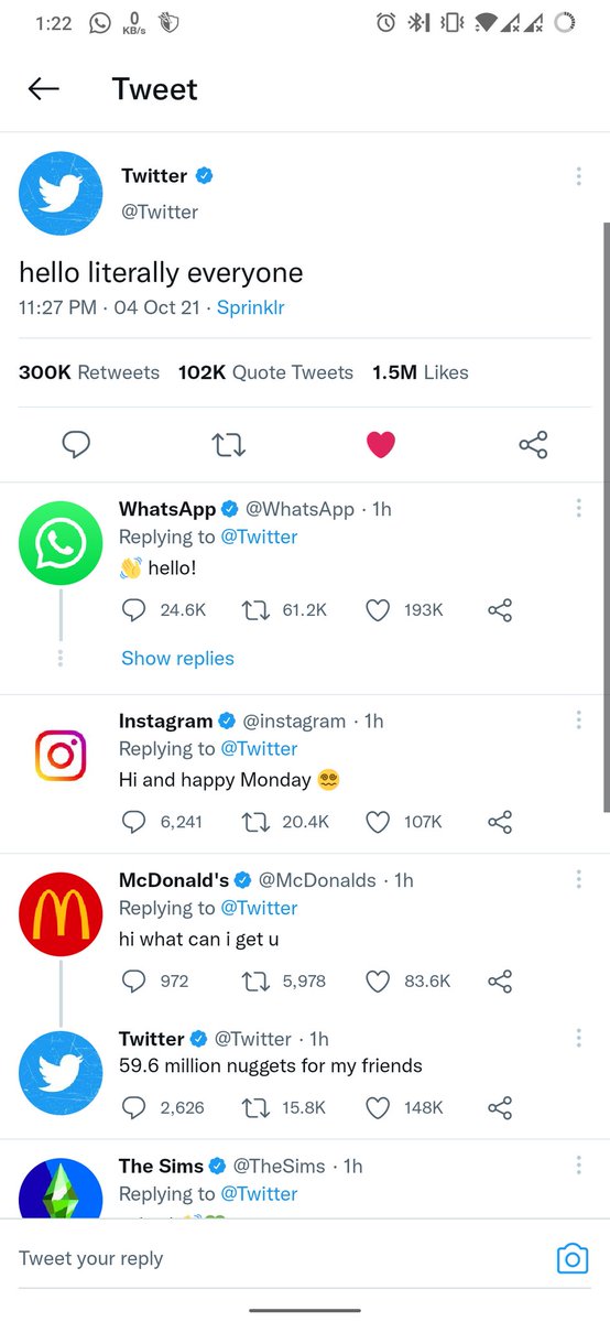 abdurrahman_720's tweet photo. troll made by @Twitter 🤣check the comment box! @instagram and @WhatsApp both are there! But still their father @facebookapp is missing.😑
@McDonalds asked what should he get for us(we people😁) and @twitter asked for nuggets!
@Truecaller brought some popcorn too!
#facebookdown https://t.co/TvjQYwz2WM