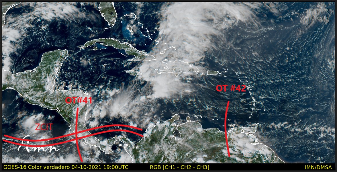#IMN_Imágenes Esta tarde tenemos el paso de la onda tropical #41, mientras que la onda tropical #42 se localiza entrando a Venezuela. La ZCIT muy desorganizada.