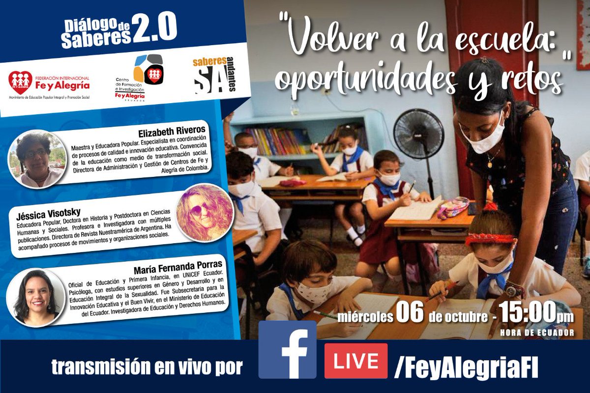 #COMUNICADO| 🔊No te pierdas de esta charla impartida por <a href="/fyaecuador/">Fe y Alegría Ecuador</a>.

Llevado a cabo este miércoles 6 de octubre a través de #FacebookLive donde se topará temas acerca del regreso a la educación presencial, las oportunidades y sus retos. 

🤓¡No te lo puedes perder!🤓

#FCIED