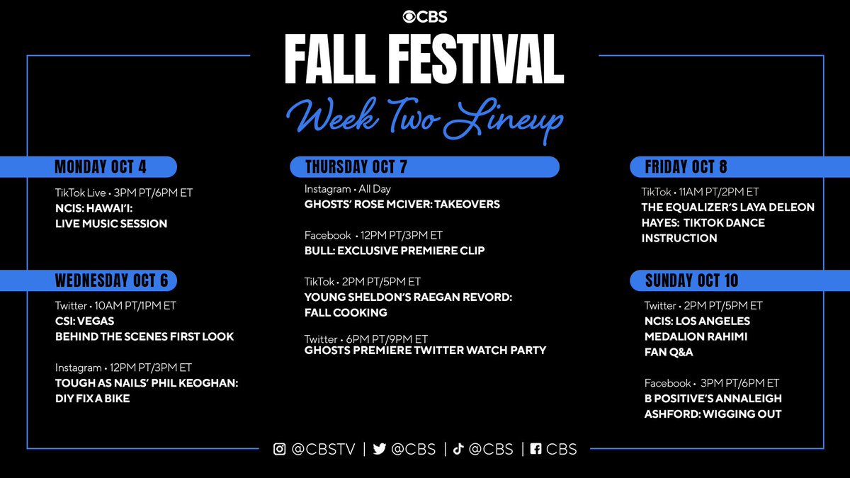 CBS's tweet photo. Who’s feeling as excited as we are for the Week Two Fall Festival lineup? 🙌

Join us on our social channels for another week full of activities as we keep the celebration going for the return of your favorite shows! 

Which event are you most looking forward to this week? 😍👀 https://t.co/iadR9v04iT