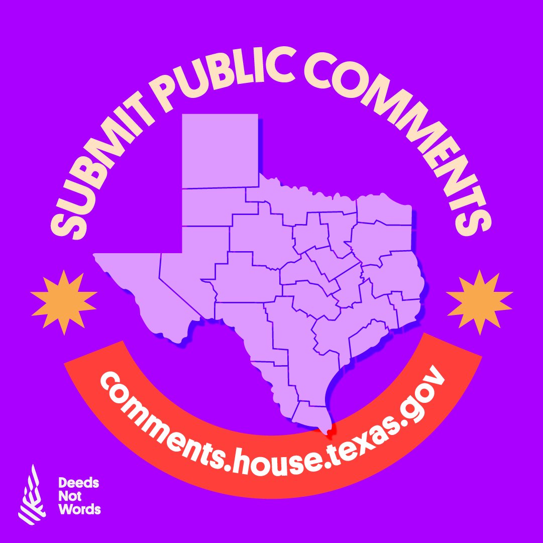 DeedsActionFund's tweet image. 📣  Public comments are being accepted throughout today’s hearing and you can tell legislators what you want your Texas to look like! #DrawUsIn 

Submit your comments by 4PM today: comments.house.texas.gov/home?c=c080