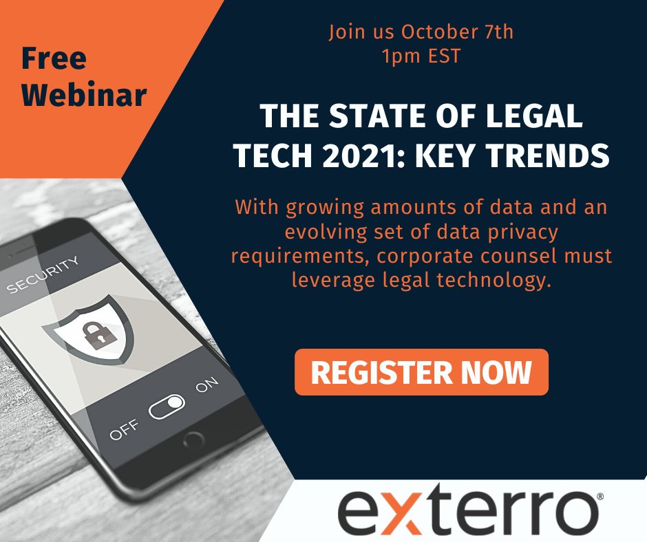 Learn to leverage legal technology in your legal department, register now bit.ly/3mlBNoc. 66% of in-house attorneys say it's a must have - see how they're using it in their departments. Brought to you by Exterro.