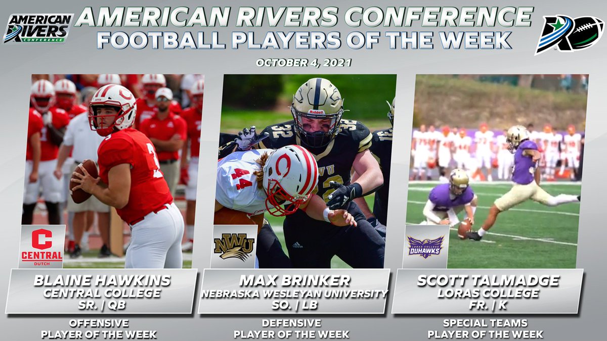 A-R-C Weekly Football Honors go to 
<a href="/CentralDutch/">Central Dutch</a>'s Hawkins, <a href="/NWUSports/">Nebraska Wesleyan University Athletics</a>'s Brinker, and 
<a href="/LorasAthletics/">Loras College Duhawks</a>' Talmadge.

#rollriverFB

📰: bit.ly/3ovQzv0