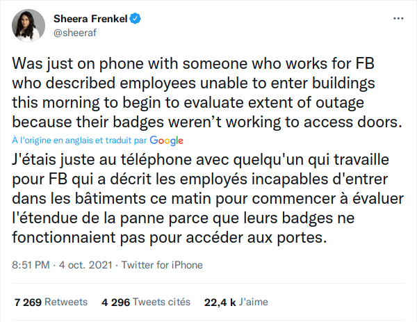 lafibreinfo's tweet photo. #FacebookDown: Plusieurs sources montrent que Facebook n'avait pas prévu une panne totale de son réseau.
=> https://t.co/nUXKlPDCes
Plus d'accès au locaux car les badges ne fonctionnent plus, plus de mails / VPN, plus d’accès aux routeurs sans se rendre dans les data center.😱 https://t.co/VPdJ3GscC1