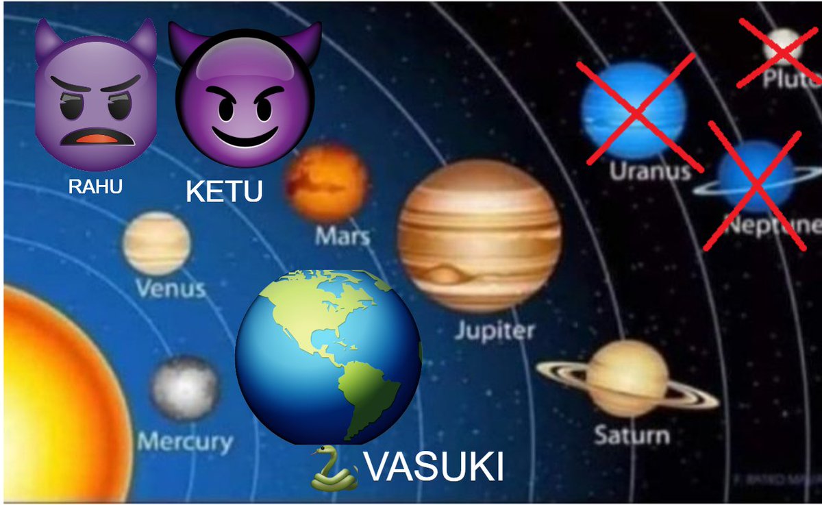 Debunk_Paganism's tweet photo. @Anku0307 @Divya_Adishakti @Sofia_Ansari_ Wtf are you laughing at Sweetie? Ever read about Navagraha? 😉

Uranus, Neptune, Pluto are not part of hindu planet system.
Sun is a planet but Earth is not.
Two demons, Rahu &amp; Ketu, responsible for solar &amp; lunar eclipse.
Earth is balanced on the head of the Shesh Nag. 🐍

FIXED! https://t.co/fkyphXf6bW
