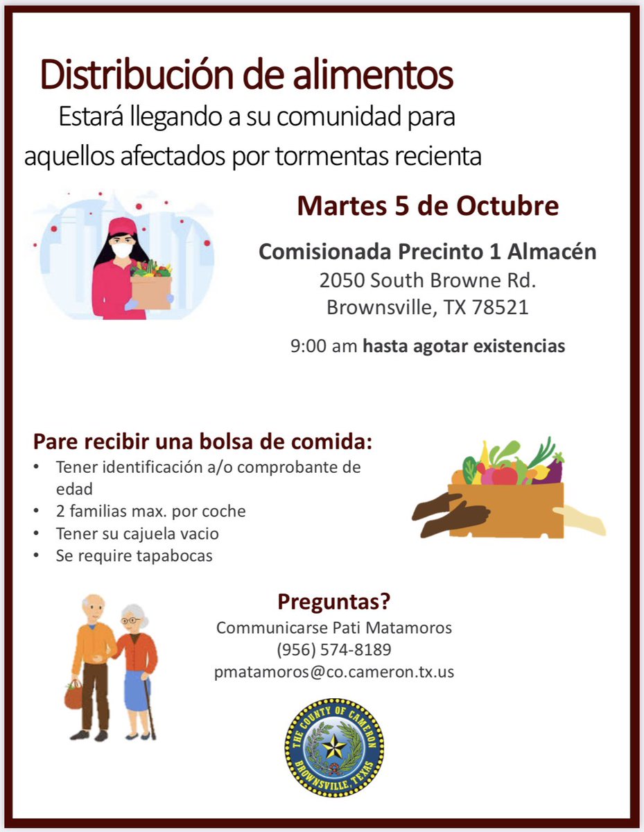 Food distribution TOMORROW starting at 9am until supplies last at Cameron County PCT 1 warehouse and Brownsville Events Center. Stay safe Cameron County!